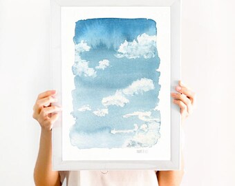 Cloud painting. Blue sky poster. Painted sky. Minimalistic wall art. Cloud poster. Blue sky art. Watercolour sky. Blue watercolor. Cloud art