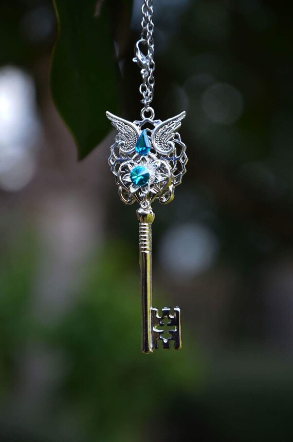 Teal Swarovski Silver winged Key Necklace - Customizable Necklace - birthday present - ready to Ship - Cosplay Pendant by PrincessSongbirds steampunk buy now online Teal Swarovski Silver winged Key Necklace - Customizable Necklace - birthday present - ready to Ship - Cosplay Pendant by PrincessSongbirds steampunk buy now online