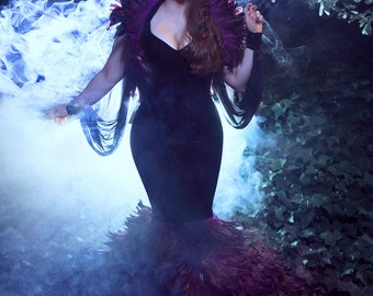 Gothic wedding Fantasy Dress Haute goth Dark Goddess Mermaid style dress Velvet Feathers
