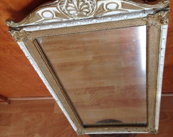 Antique Victorian Art Deco Wood and Gesso Mirror White and Gold Wall Mirror