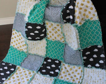 Baby Rag Quilt,Gender Neutral,Baby Quilt, Clouds, Mint And Grey Nursery, Gold And Mint, Gold Arrow Quilt, Mint Green Blanket,Ready To Ship