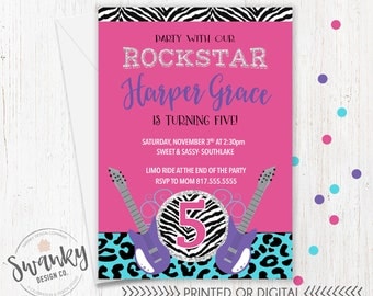 Rock Star Birthday Invitations, Girls Guitar Birthday Invitations, Pink and Purple Birthday, Rock Star Party Theme, Zebra and Leopard Print