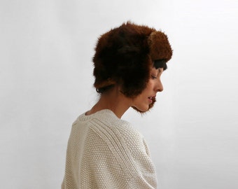 Russian Rabbit Fur Bomber Hat, Trapper Fur Hat with Earflaps, Women Winter Hat / Size Small