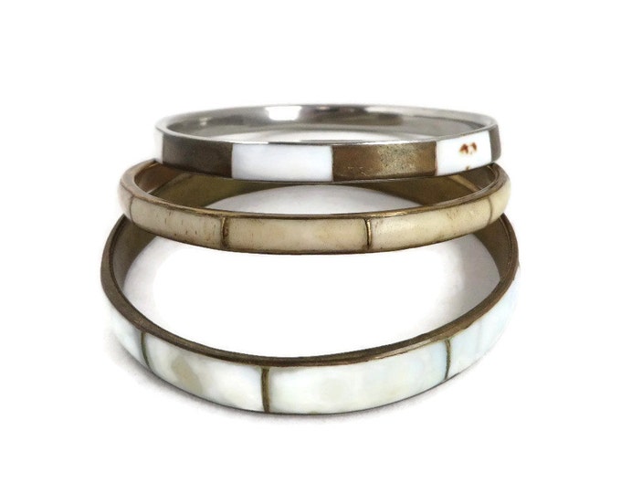 Brown and Cream MOP Bangle Trio, Vintage Mother of Pearl Inlay Bangles