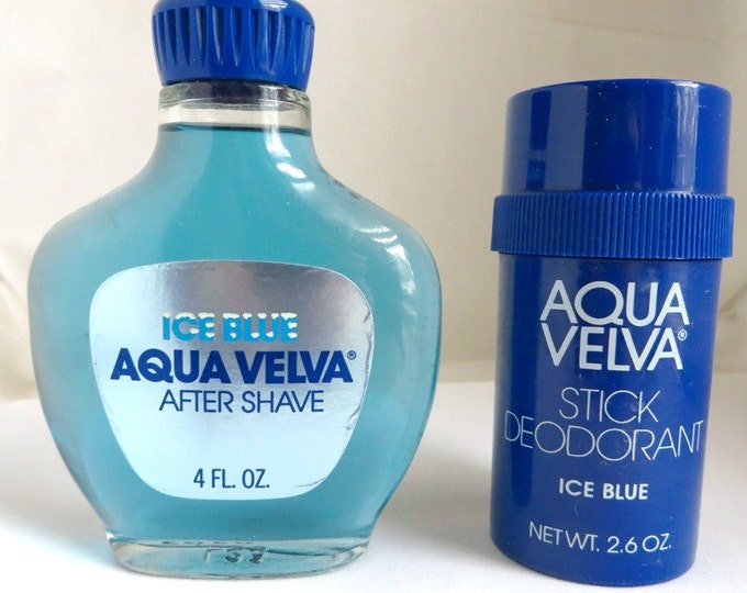 Vintage AQUA VELVA Grooming Set, Ice Blue After Shave and Stick Deodorant, 1980s, Unopened