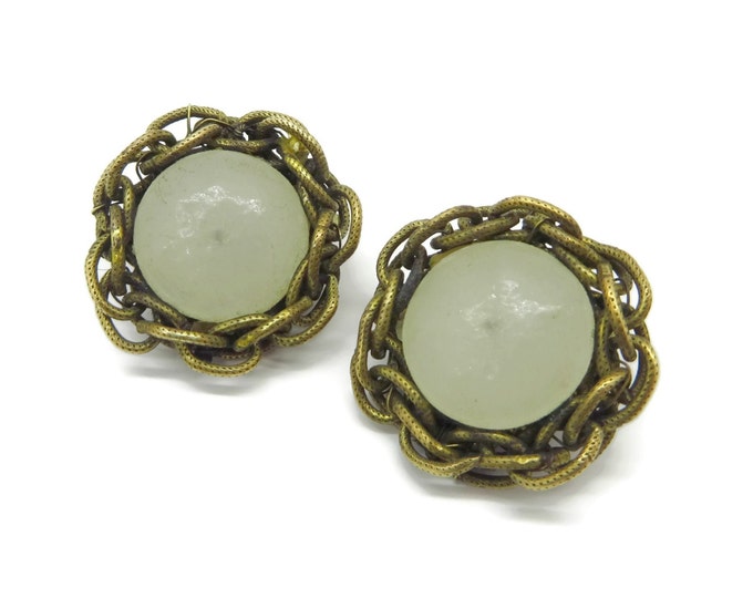 Miriam Haskell Braided Brass and Glass Button Earrings, Vintage Clip-on Earrings