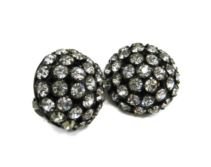 Sandor Rhinestone Button Earrings - Vintage Black Domed Rhinestone Button Clip-on Earrings
