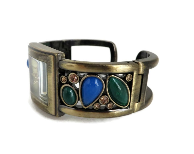 Vintage Women's Faux Gemstone Watch, Japan Movement Rhinestone Cuff Bracelet Watch