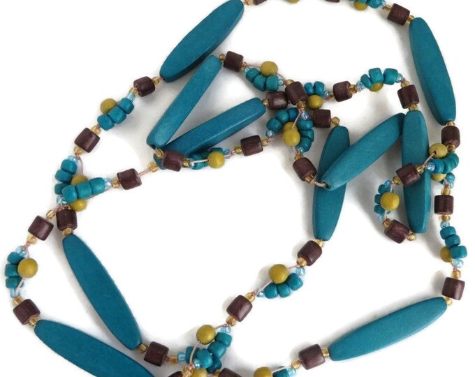 Teal Blue Wood Necklace, Vintage Beaded Necklace, Boho Hippie Jewelry, FREE SHIPPING