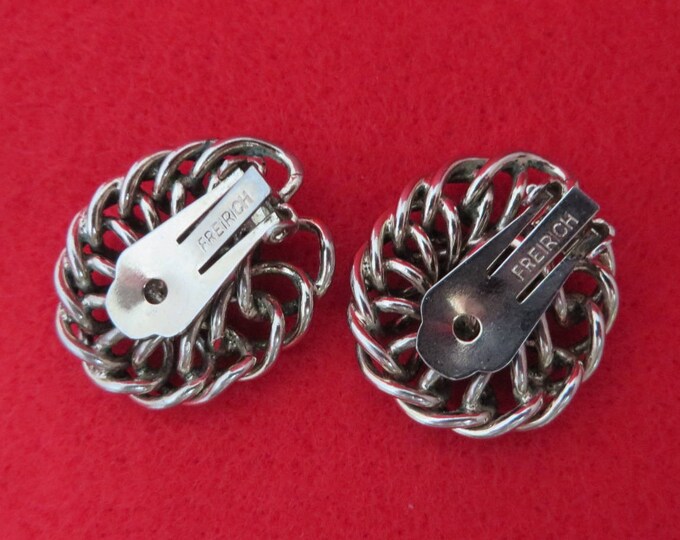 Vintage Freirich Chain Link Earrings - Silver Tone Earrings, 1960s Clip-ons