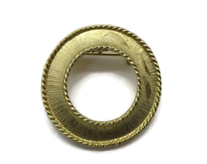 Mamselle Circle Brooch Vintage Gold Tone Matte Etched Pin Signed Designer Costume Jewelry