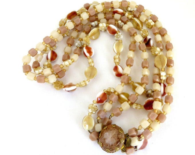 Cream Beaded Triple Strand Necklace, Vintage Costume Jewelry Glass Bead Necklace