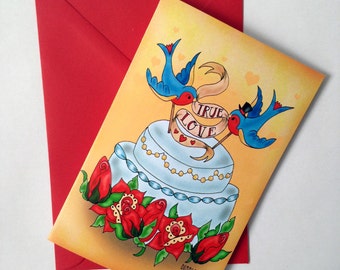 Rockabilly Wedding Congratulations card, invitations with Tattoo True Love Swallows
