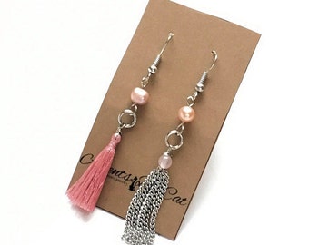 Mismatched Tassel Earrings, Pink Tassel, Silver Chain Tassel, Freshwater Pearls, Pink Pearls, Nickel Free Earrings, Pink Earrings,