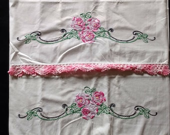Vintage Embroidered Pillow Cases with Pink Crochet Edging