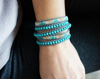 Four Wrapped Bracelet Turquoise and seed bead