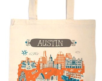 Austin Tote Bag-City Tote-Texas Bag-Any City Tote-Blue-Orange-Gray-Personalized-Custom