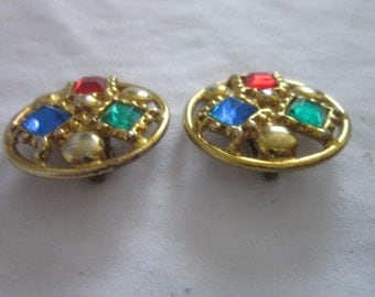 Vintage Retro Colorful Rhinestones & Gold Tone Earrings