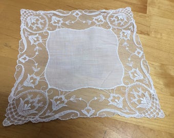 White Lace Edged Handkerchief Vintage
