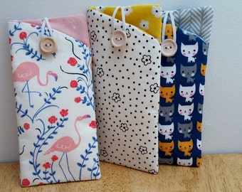 Sunglass Case, Eyeglass Case, Eyeglass Holder, Flamingo Cats Fabric Eyeglass Sunglass pouch cheerful colors with button & elastic closure