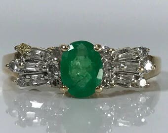 Vintage Emerald Engagement Ring. Art Deco Diamond Accents. 10K Solid Yellow Gold. Estate Jewelry. May Birthstone. 20th Anniversary Gift.
