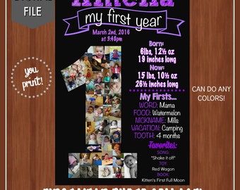 ON SALE - Baby's First Year Collage Poster - Digital You Print - Photo Collage - First Birthday Chalkboard - One Year Old Party Decor