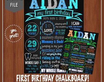 Boy's First Birthday Chalkboard Sign - DIGITAL - Blue and Grey First Birthday - Blue Green Orange - Any Colors - Boy First Birthday