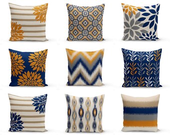 Throw Pillow Cover, Pillow Covers, Navy Carrot Taupe Grey, Accent Pillows, Cushion Covers, Orange and Navy Decor Decorative Pillows