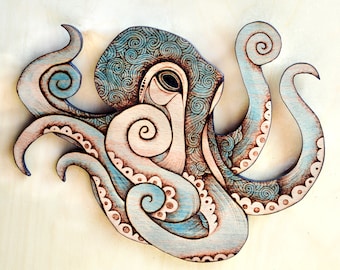 Octopus Wall Hanging, Pyrography wall hanging, octopus decor, kraken art, Wood seahorse, sea art, marine decor, ocean art, octopus Wall art