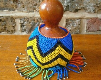 African Gourd Art Shekere - Gourd Rattle Covered in Bead Art sleeve - Handmade African Instrument - Calabash