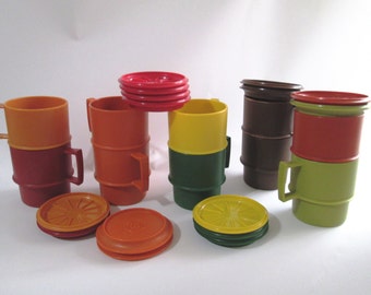 Vintage Tupperware Mugs with Matching Lids & Coaster Combo, Plastic Coffee/Cocoa Cups, Tupperware Stackable Mugs w/ Lids, Various Colors