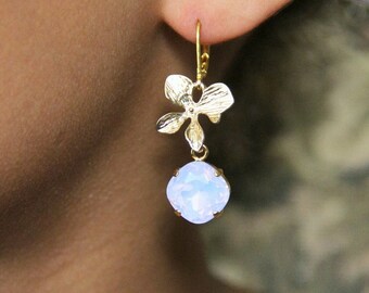 Boucles d'oreilles fleurs d'orchidée et cristaux Swarovski, bijoux mariage, - Bridal rhinestones and orchids flower earrings, drop earrings