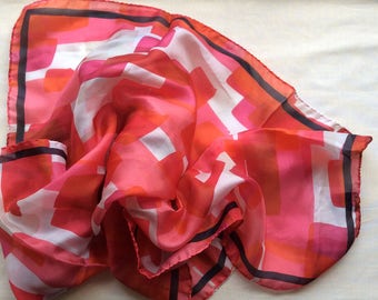 Vintage 70s silk headsquare with hand rolled hems, pink red and white abstract, Italian.