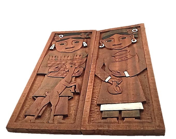 Vintage Hand Carved Wooden Folk Art Wall hanging | Wood Art | Pair Farmer and Wife | Carved Wood Wall Art