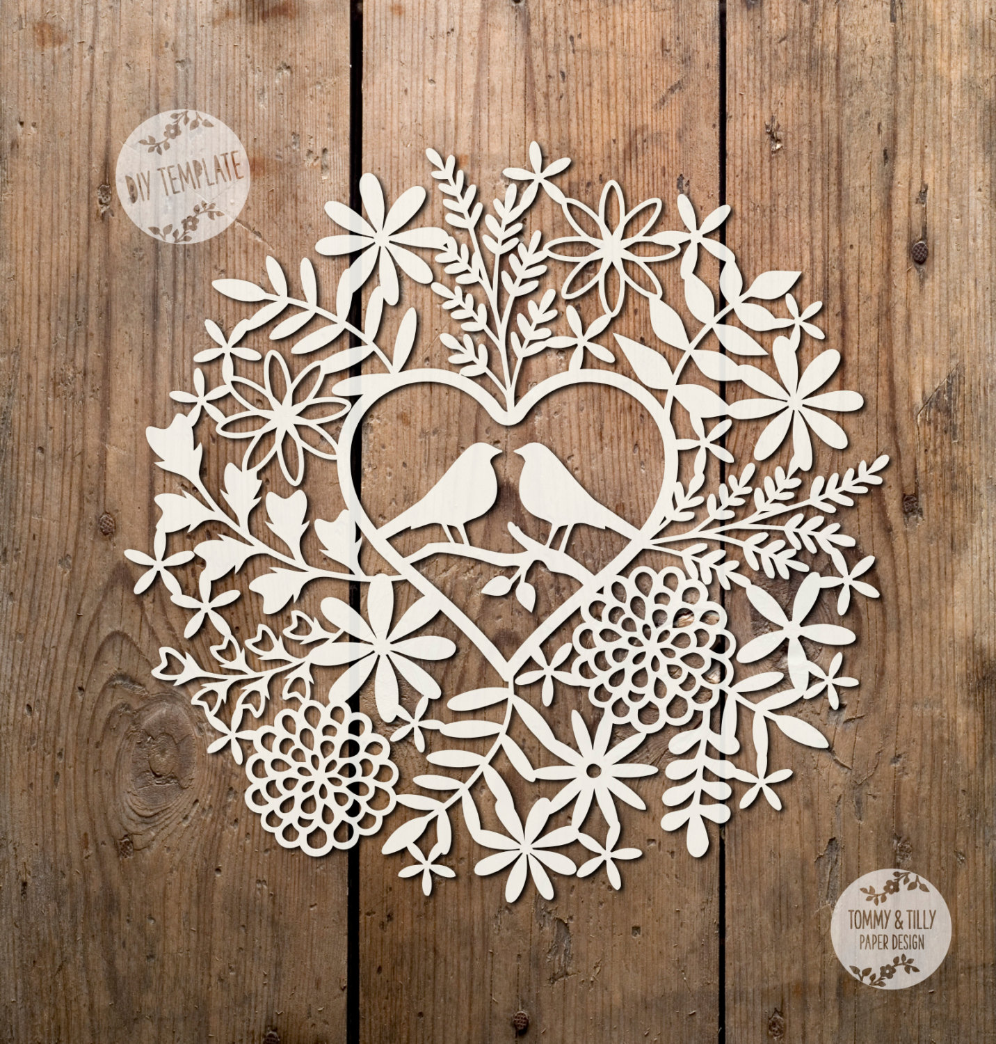 Download SVG / PDF Love Birds Foliage Design - Papercutting Template to print and cut yourself ...