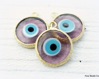 Translucent Purple Glass Evil Eye Pendant Disc Pendants, 24K Gold Plated Evil Eye for Jewelry Making, Wholesale Turkish Supplies -EE072-F