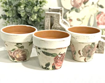 SET OF 3 Floral Terra Cotta Pots - French Country Terra Cotta Pots - Plant Pots - Herb Pots - Flower Pots - Small Flower Pots - Floral Decor