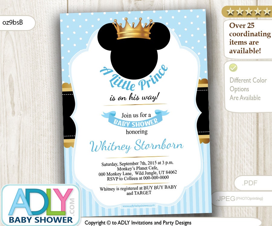 Prince Mickey Baby Shower Invitation baby blue polka