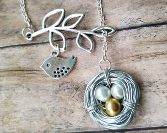 Family tree necklace, bird nest pendant, expectant mother, gift for mom, mother necklace, custom jewelry, bird nest necklace, mothers day