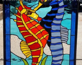 Colorful! Seahorse Leaded Stained Glass Window Panel (We do custom work! Please email me for a quick quote)
