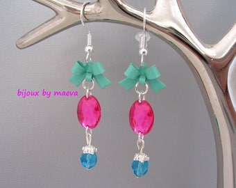 Fashion jewelry earrings pink fushia, turquoise and green rhinestone oval