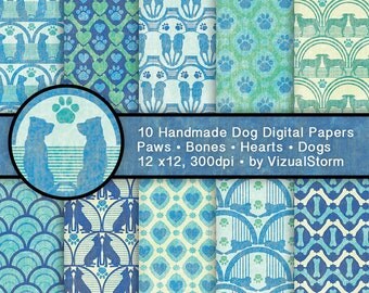 Dog Scrapbooking Digital Paper Pet Background Patterns Paw Prints Hearts Dog Bones Dog Memorial Paper Printable Dog Silhouette Paper Pack