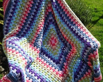 Multicolour Crochet Granny Square Cotton Picnic Festival Blanket, Rainbow, Afghan, Throw - READY TO SHIP