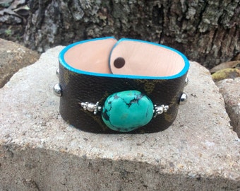 Louis Vuitton Monogram Canvas & Leather Cuff Bracelet w/ Genuine Turquoise and Sterling Silver Handmade SALE