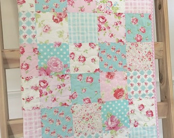 Roses baby quilt, pink-blue-teal-aqua, floral, crib bedding, baby bedding, nursery bedding