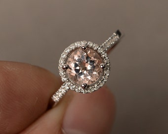 Morganite Rings Engagement Ring Pink Gemstone Ring Halo Rings Round Cut Sterling Silver 925