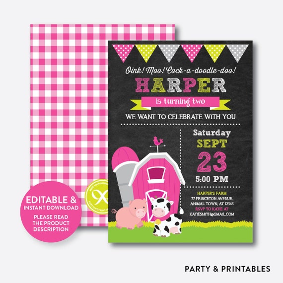 instant download editable farm friends birthday invitation pink
