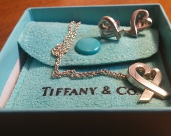 Tiffany & Co. Sterling Silver Paloma Picasso Huge Loving Heart Pendant Necklace 18" MATCHING set earrings w/ box Tiffany snap cloth pouch!!!