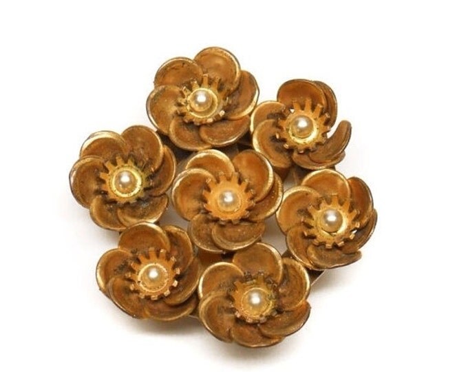 Storewide 25% Off SALE Antique Matted Gold Tone Faux Pearl Designer Floral Fur Clip Featuring Elegant 1930's Design