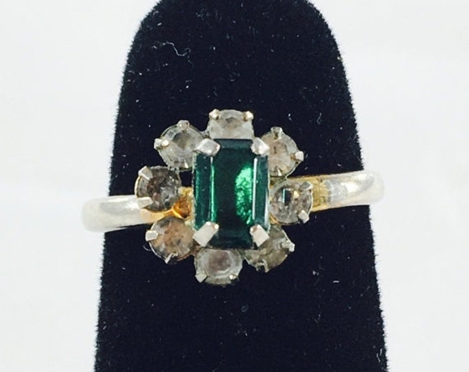Storewide 25% Off SALE Vintage Silver Tone Emerald Green Adjustable Cocktail Ring Featuring Rhinestone Flanked Design